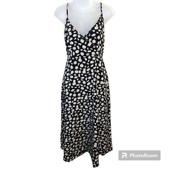 SHEIN Black Tie Back Daisy Print Cami Midi Dress Size Medium - Picture 2 of 9